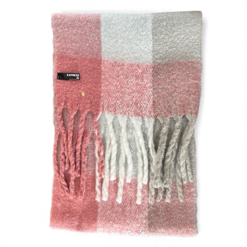 Express Classic Plaid White Pink Blanket‎ Scarf Fringe Fuzzy Wrap Large One Size